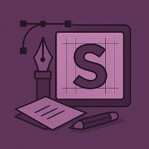 Icône représentant un logo avec une plume de stylisation, une grille de composition, un “S”, un crayon et une feuille, symbolisant la création d'identité visuelle et de logos sur mesure.