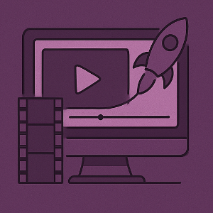 Illustration d’un écran d’ordinateur affichant une vidéo, avec une fusée et une bobine de film, représentant la création de vidéos animées et de motion design.